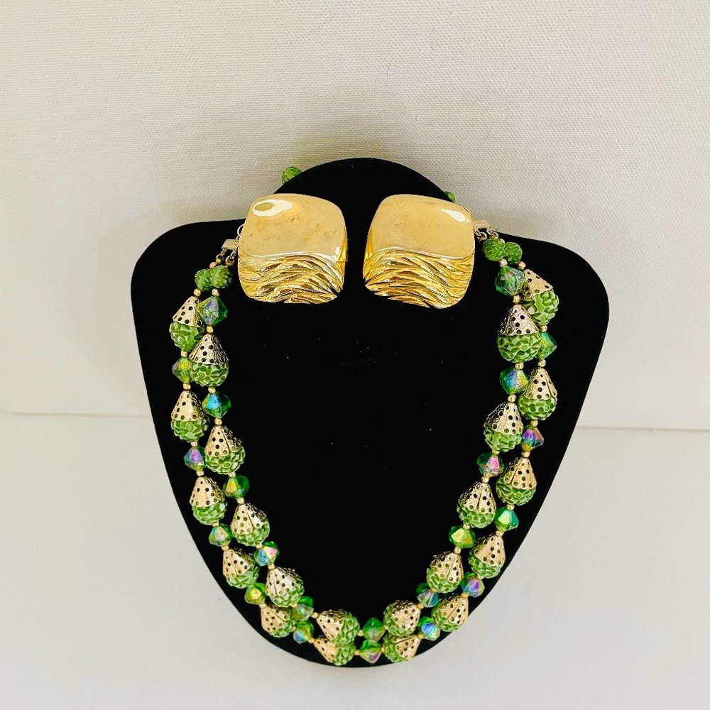 Lucite Carved beads and AB crystal necklace GP signed USA Earrings